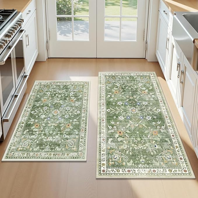 Yamaziot 2x3+2x5Ft Washable Kitchen Rug Set of 2 Non Slip, Sage Green | Soft by Yamaziot