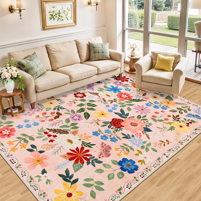 PLHXFR Area Rug Living Room: 5x7 Floral Washable Boho Soft Carpet Beige | - Image 2