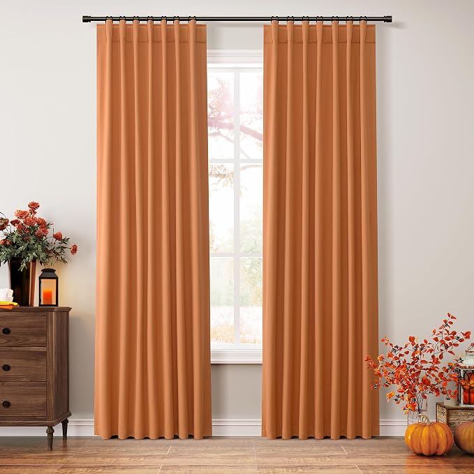 Orange 100% Blackout Linen Curtains 84 Inch Length 2 Panels Set - Image 2