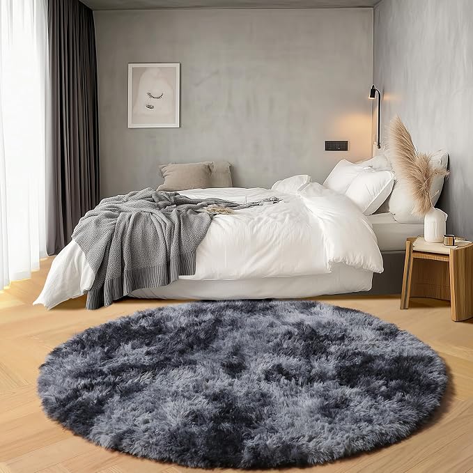 Tie-Dyed Dark Grey Round Area Rug 4ft, Ultra Soft Bedroom Circle Rugs - Image 3