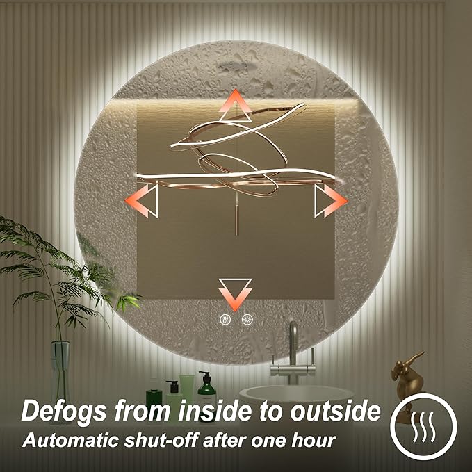 30 Inch Frameless Round Mirror with Light, Round LED Mirror for Bathroom, LED Lighted, Dimmable,Touch, Anti-Fog, Adjustable 3000K/4500K/6000K