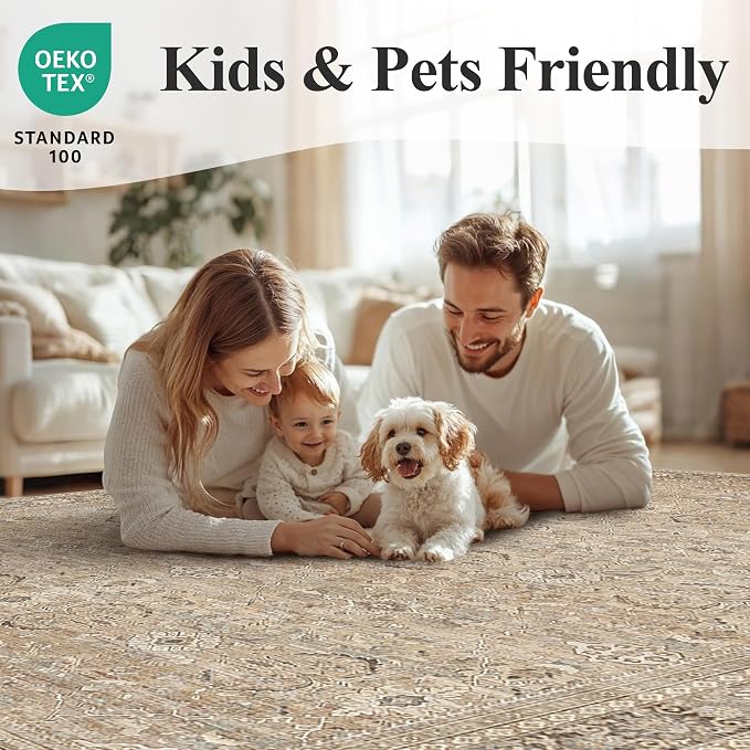 Schweek 9x12 Area Rug Khaki Vintage Distressed Washable Rugs - Image 8