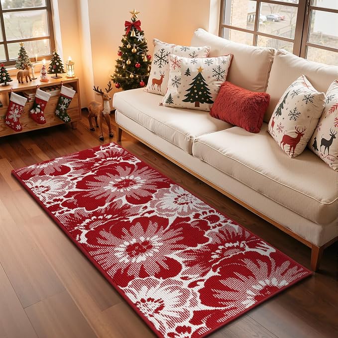 Findosom Christmas Runner Rug 2x6, Non Slip High-Low Textured Floral Washable - Image 6