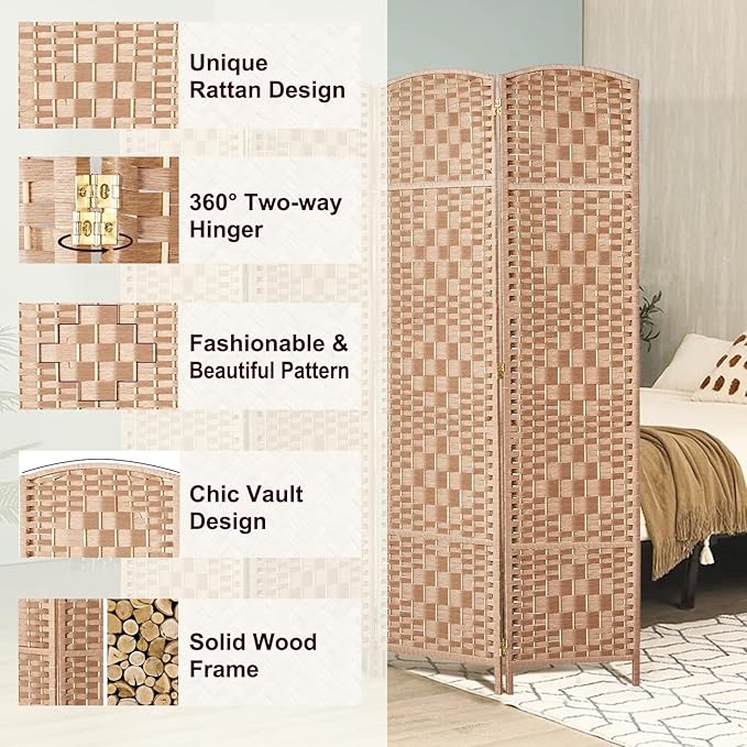 Rose Home Fashion 6 ft Tall Room Divider, Room Dividers and Folding Privacy Screens, 15.7in Privacy Screen 4 Panel Partition Temporary Wall Separation for Private, Natural