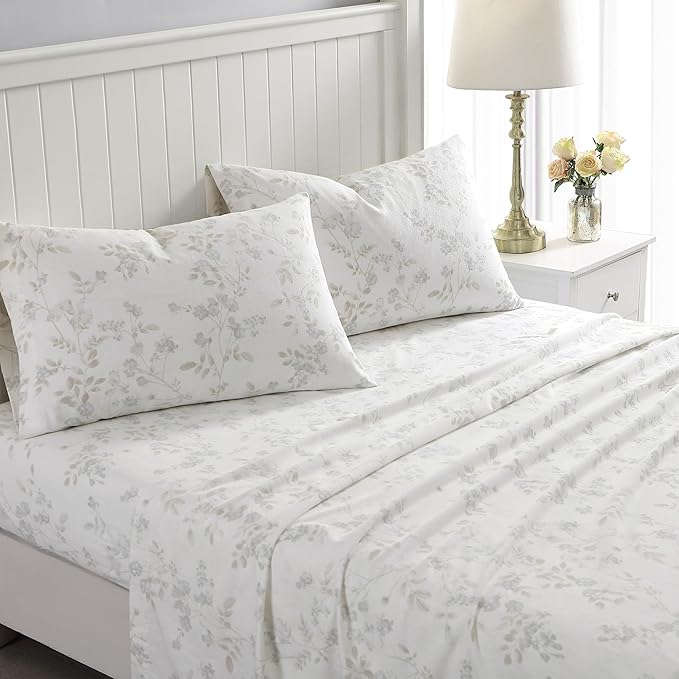 Laura Ashley - Flannel Sheets King Size, Anti-Pilling & Wrinkle Resistant Cotton, Touchably Soft for All-Season Comfort - Bed Sheets with Matching PIllowcasess & Fitted Sheet (Fawna Grey)