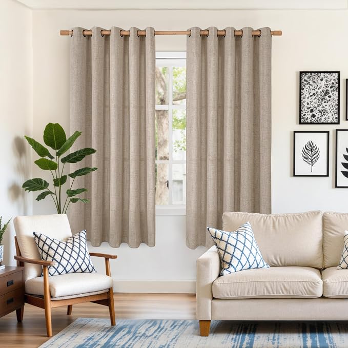 YoungsTex Oatmeal Linen Curtains 60 x 63 Inch Length 2 Panels Set | Wide Semi - Image 2