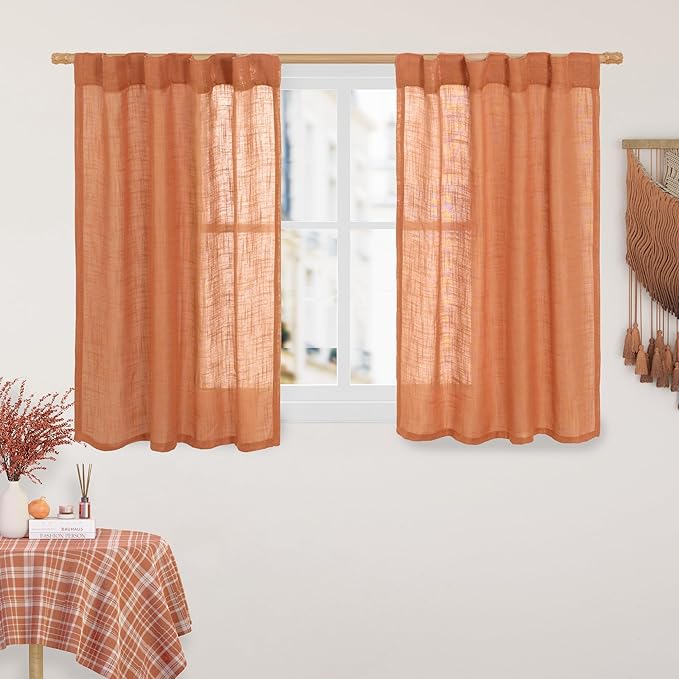 Orange Linen Curtains 40 Inch Length, Light Filtering Panels | Semi Sheer by LAMIT