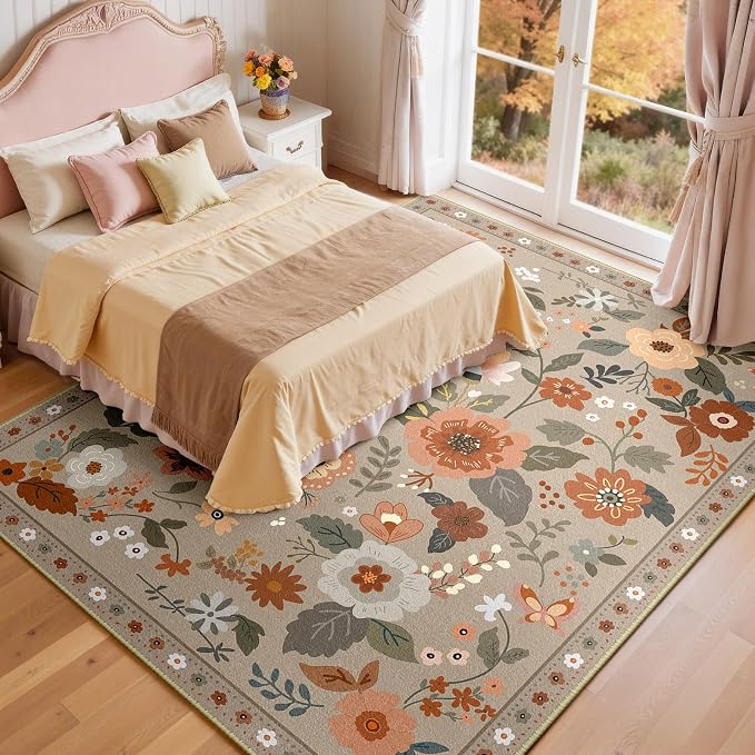 RELEANY Floral Washable 9x12 Area Rugs Brown/Brick | Flower Carpet Print Boho - Image 2