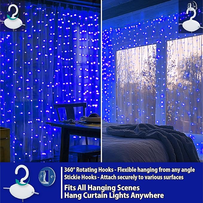 HXWEIYE 300LED Fairy Curtain Lights, 9.8x9.8Ft USB Plug-in 8 Modes Christmas String Hanging Lights with Remote for Bedroom Backdrop Wedding Party Indoor Wall Decor, Blue, Standard