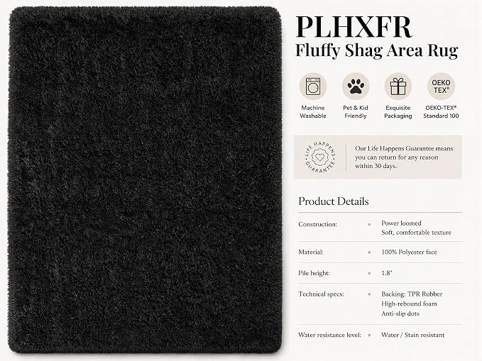 PLHXFR 8x10 Area Rugs Living Room: Fluffy Bedroom Rug Shag Carpet Black | - Image 4