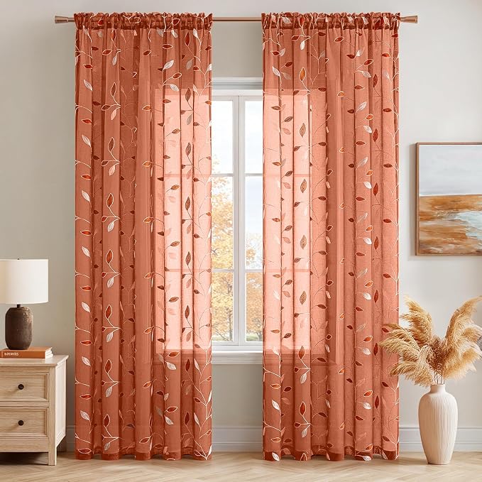 MIULEE Burnt Orange Sheer Fall Curtains 2 Panels Leaf Patterned, W52 x L63 | - Image 2