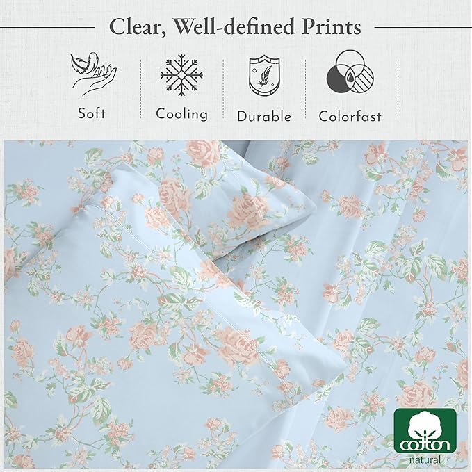 California Design Den Floral Printed Queen Sheet Set - 400 Thread Count Sateen, Natural 100% Cotton Sheets Queen Size Bed Set, Deep Pockets, Cooling and Durable Bedding - Antique Rose