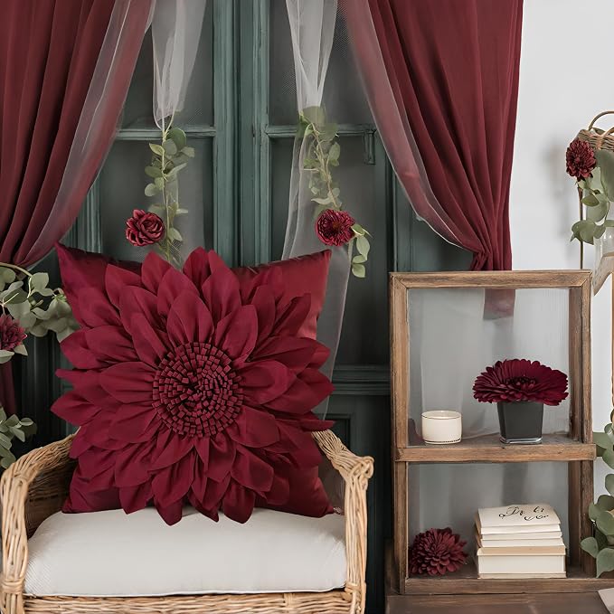 Burgundy Accent 3D Flower Decorative Throw Pillow Covers - Image 5