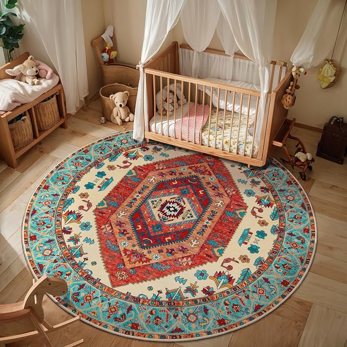 SERISSA 4ft Washable Non Slip Round Boho Area Rug - Image 2