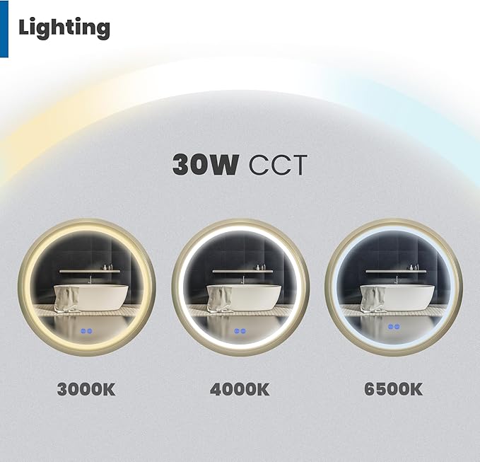 Fab Glass and Mirror 28" Round LED Bathroom Wall Piece with Touch Dimming, Anti-Fog Feature, 3 Color Temperature Options, Circular Framed Lighting in Gold
