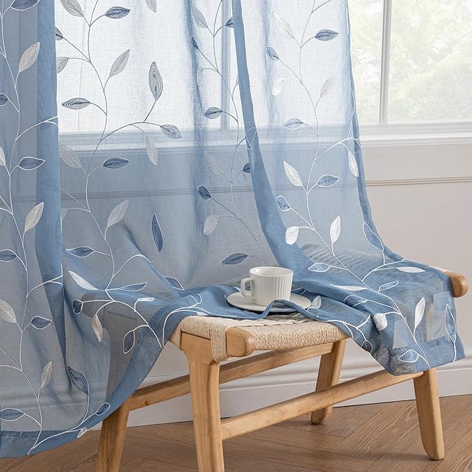 MIULEE Dusty Blue Sheer Curtains 2 Panels Leaf Patterned, W52 x L84 | by MIULEE