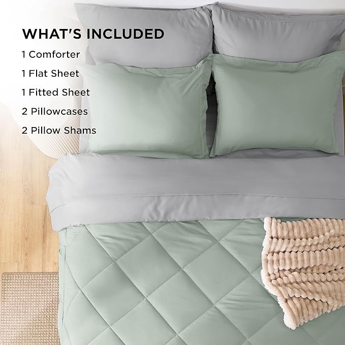Bedsure Sage Green Queen Comforter Set - 7 Pieces Reversible Bed Set Sage Green Bed in a Bag Queen with Comforters, Sheets, Pillowcases & Shams, Queen Bedding Sets