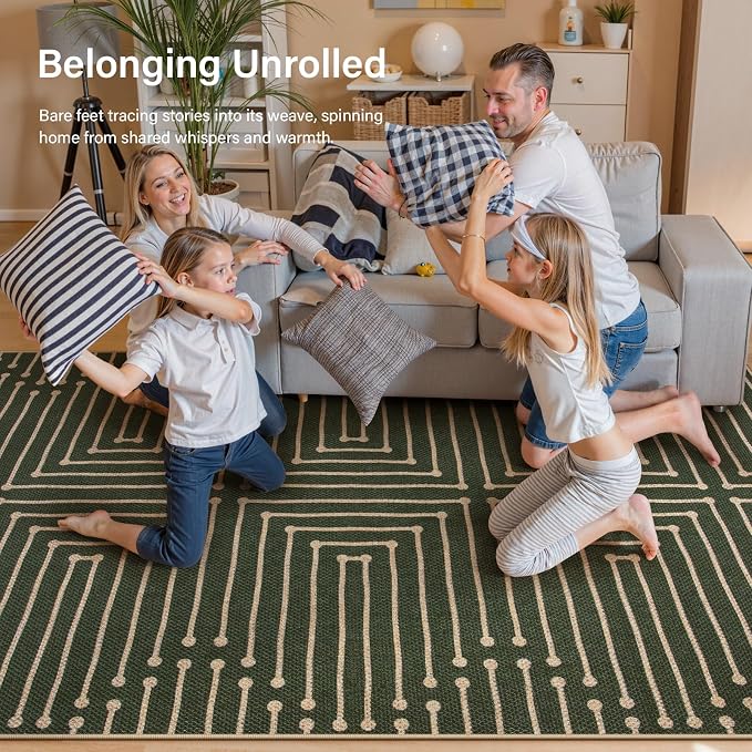 Lahome Green 3x5 Entryway Rug, Non Slip Maze Line Easy Jute Washable Rug | - Image 4