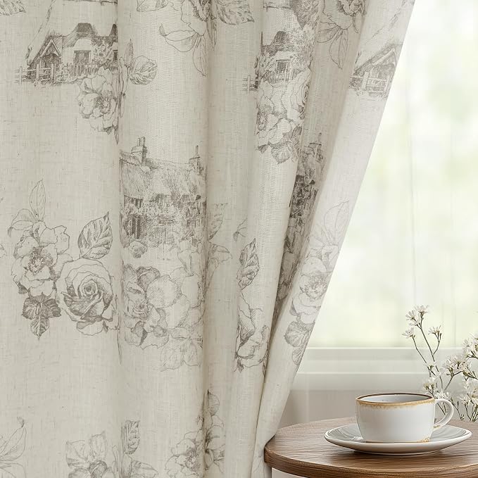 Yakamok 84 Inches Grey Floral Linen Textured Curtains - Image 7
