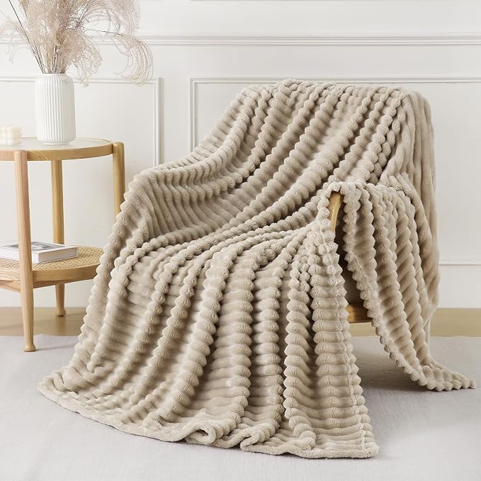 Khaki Throw Blanket for Couch Sofa 60x80 inches Striped Design | Fleece - Image 2