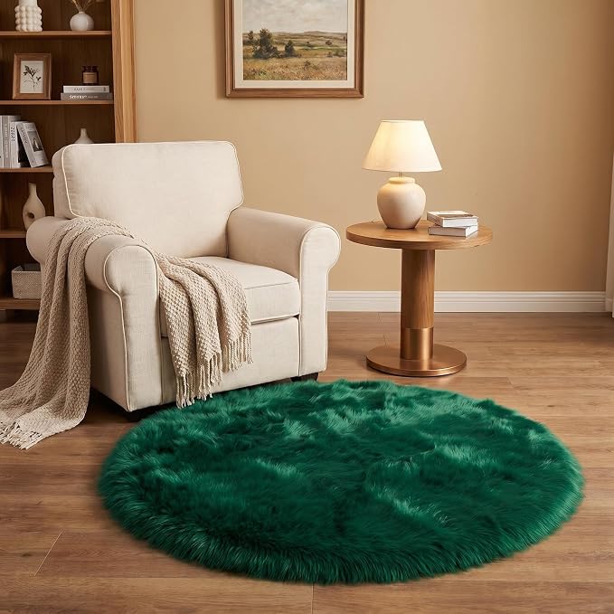 Emerald Green Faux Fur Sheepskin Round Rug 4x4 ft, Fluffy Shag Circle Rug | - Image 5