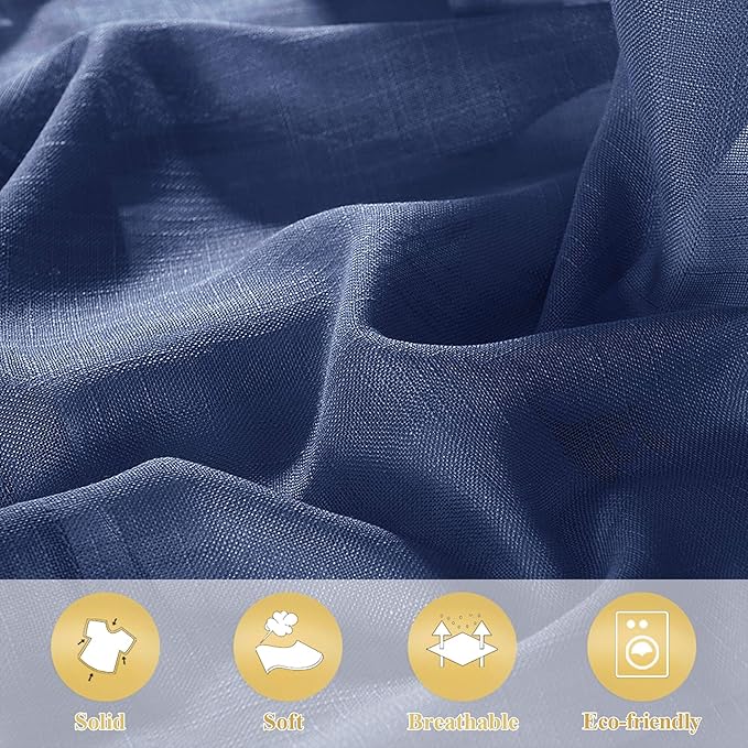 RYB Home Linen Sheer Curtains - Grommet Semi Sheer Privacy Farmhouse Curtain Panels for Bedroom Office Living Room, W 52 inch x L 45 inch, 2 Pcs, Navy Blue