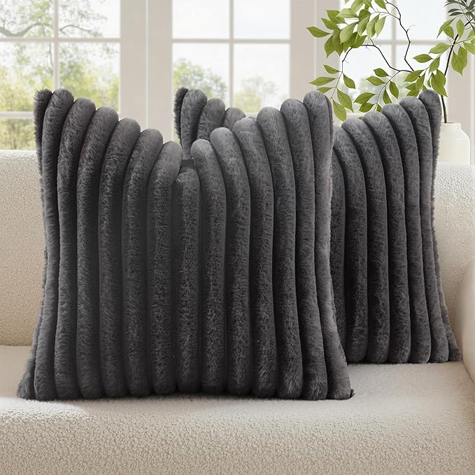 decorUhome Fall Faux Fur Throw Pillow Covers 22x22 Set of 2 Dark Grey | by decorUhome
