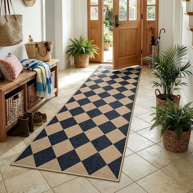 Lahome Checkered Easy Jute Non Slip Kitchen Runner, Checkerboard Indoor Outdoor - Image 3