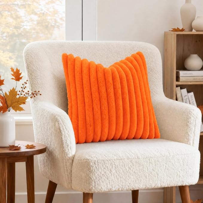 decorUhome Fall Faux Fur Throw Pillow Covers 26x26 Set of 2 Orange | Decorative - Image 4