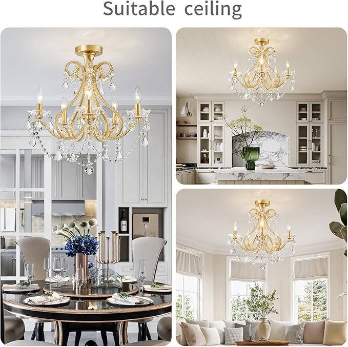 WUZUPS 5-Light Crystal Candle Chandelier Flushmount Ceiling Light Modern Lighting Fixture for Bedroom Hallway Bar Kitchen Bathroom, H 20.9" W 22", E12 Base, Gold