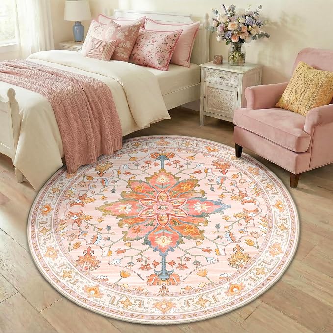 RELEANY Washable Area Rug, Round 5ft, Water Repellent, Pet Friendly, Vintage - Image 2