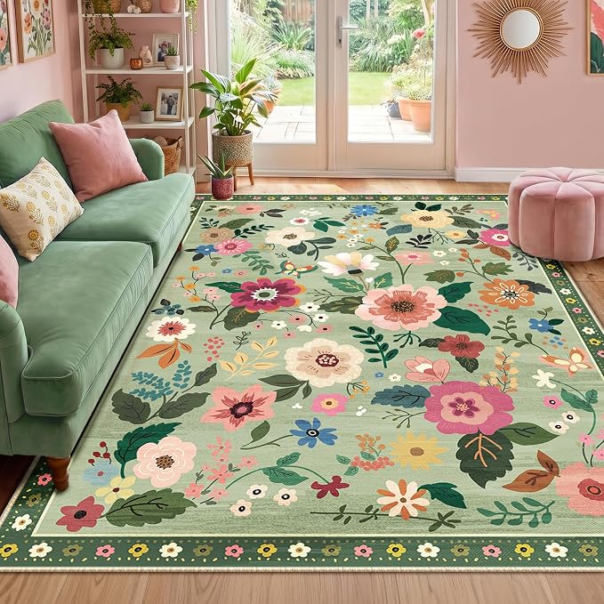 RELEANY Floral Washable 6x9 Area Rugs LightGreen | Flower Carpet Print Boho - Image 9