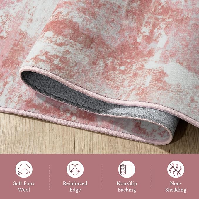 Rugflix 5x7 Area Rugs for Living Room, Washable Pink White Large Rug | Machine - Image 8