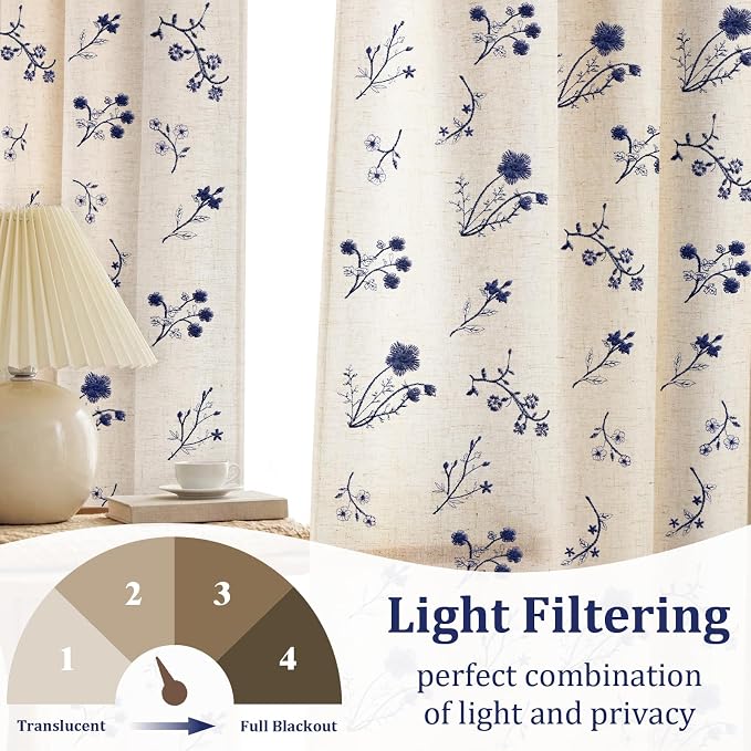Dark Blue Floral Embroidered Light Filtering Curtains 84 Inch 2 Panels - Image 3