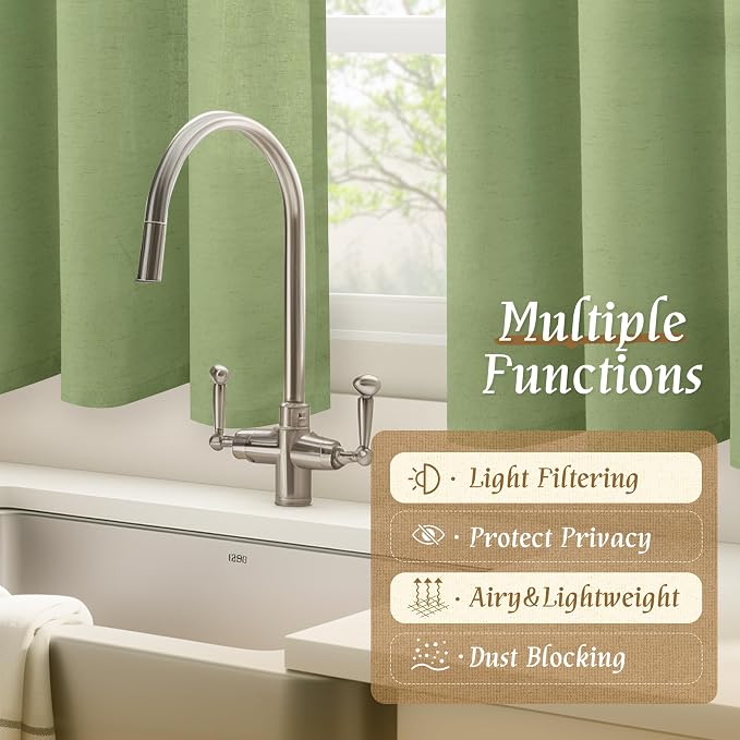 Sage Green Linen Curtains for Small Windows 45 Inch Length 2 Panels | Soft - Image 9