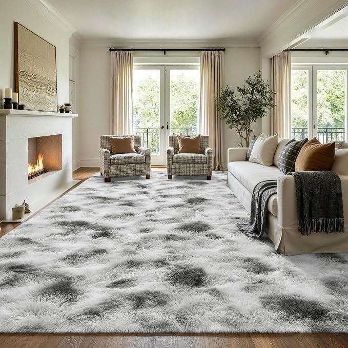 8x10 Extra Large Tie-Dyed Grey and White Fluffy Area Rug Non-Slip - Image 3