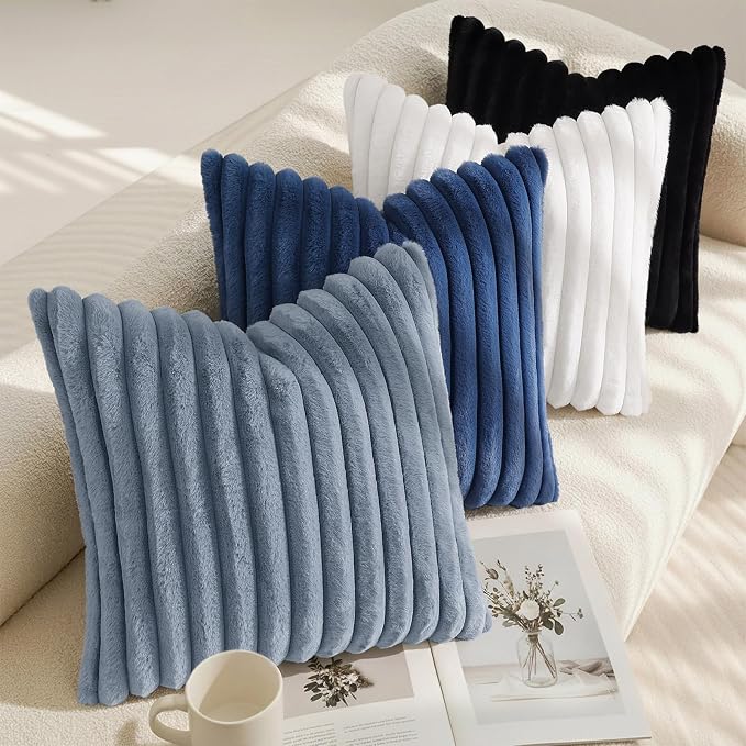 decorUhome Fall Faux Fur Throw Pillow Covers 16x16 Set of 2 Grey Blue | - Image 7
