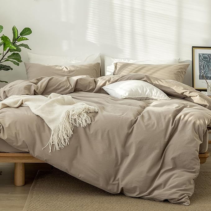 MooMee Bedding Duvet Cover Set 100% Washed Cotton Linen Like Textured Breathable Durable Soft Comfy (Solid Light Camel, Cal King 104"x98")