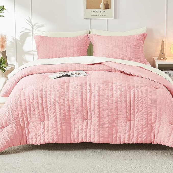 HYMOKEGE Pink/Ivory Twin XL Comforter Set Seersucker 5 Pieces, All Season Luxury Bed in a Bag for Bedroom, Bedding Set with Comforter, Sheets, Pillowcase & Sham