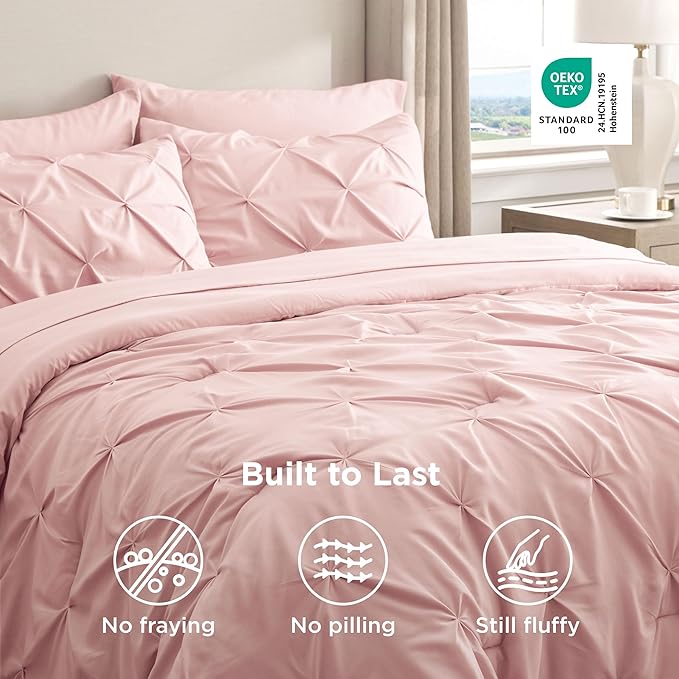 Bedsure Full Comforter Set Pink - Bed in a Bag Full Size Bedding Set 7 Pieces, GentleSoft™ Pintuck Bed Set Gift for Family, Pinch Pleat All Season Comforter with Sheets, Pillowcases & Shams