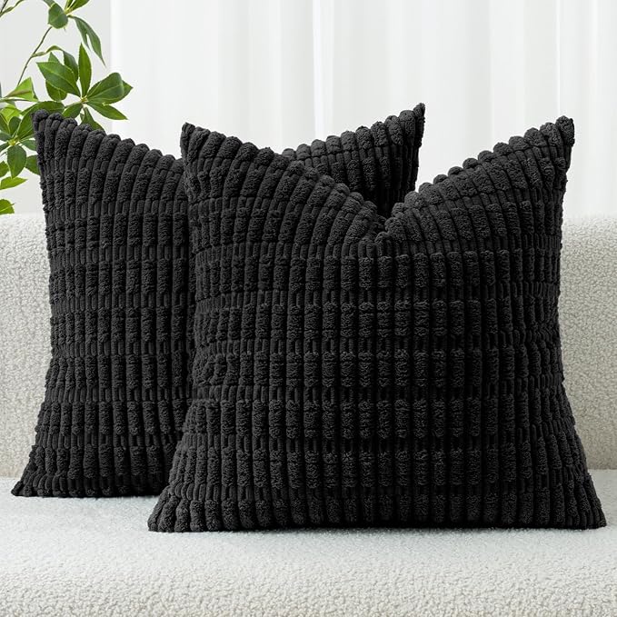 MIULEE Corduroy Decorative Throw Pillow Covers 20x20 Black Pack of 2 | Soft by MIULEE