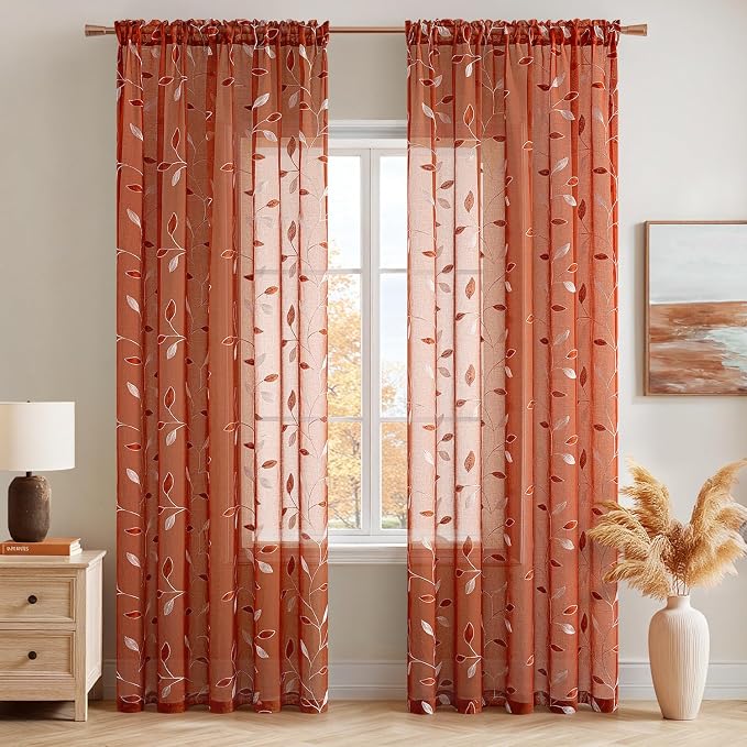MIULEE Terracotta Sheer Fall Curtains 2 Panels Leaf Patterned, W52 x L63 | - Image 2