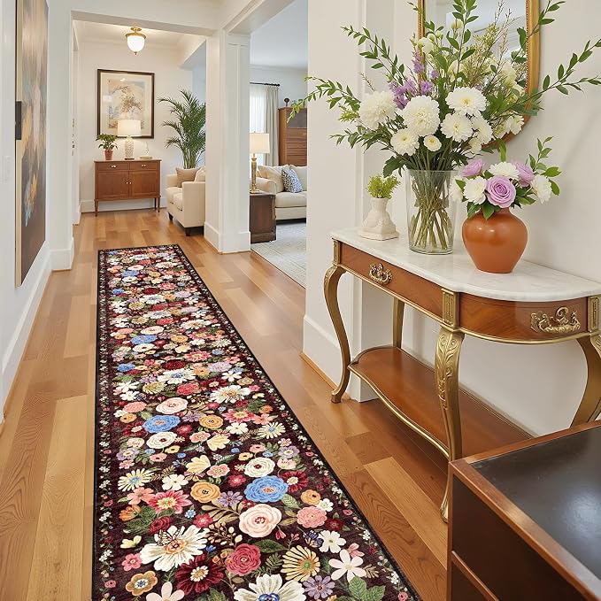 Black Brown Floral Hallway Runner Rug 2x10 - Image 7