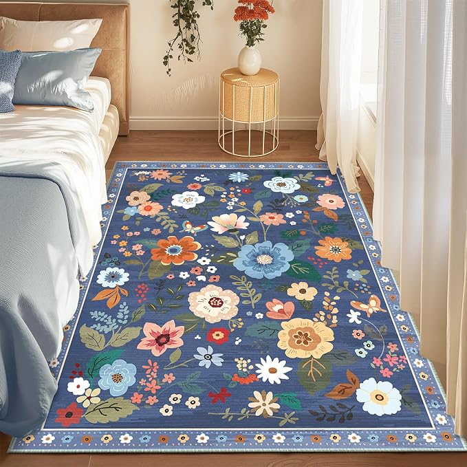 RELEANY Floral Washable 4x6 Area Rugs Blue/Grey | Flower Carpet Print Boho Cute - Image 2