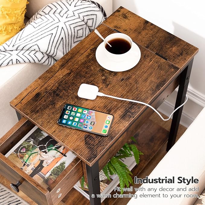 HOOBRO End Table with Charging Station, Narrow Side Table, Small Nightstand, Bedside Tables with Drawer and Storage Shelves, for Small Spaces, Living Room, Bedroom, Rustic Brown and Black BF041BZ01G1