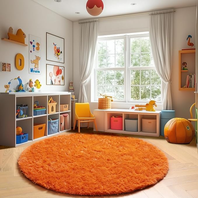 Amdrebio Orange Large Round Shaggy Area Rug 6Ft - Image 7