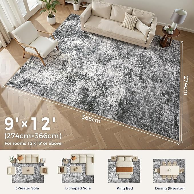 DMOYEST Area Rug Living Room Rugs 9x12 Washable Abstract Grey Carpet | Neutral - Image 2