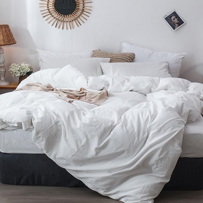 MooMee Bedding Duvet Cover Set 100% Washed Cotton Linen Like Textured Breathable Durable Soft Comfy (Solid Off White, Super King 108"x98")