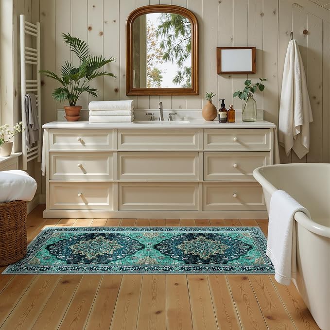 RELEANY Washable Area Rug, Runner 2'x5', Teal | Non-Slip, Water Repellent by RELEANY