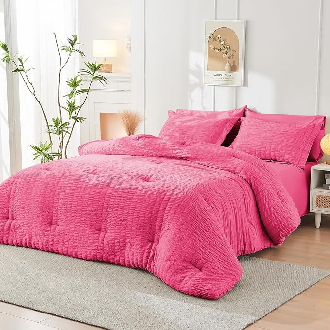 HYMOKEGE Hot Pink Twin Comforter Set Seersucker 5 Pieces, All Season Luxury Bed in a Bag for Bedroom, Bedding Set with Comforter, Sheets, Pillowcase & Sham